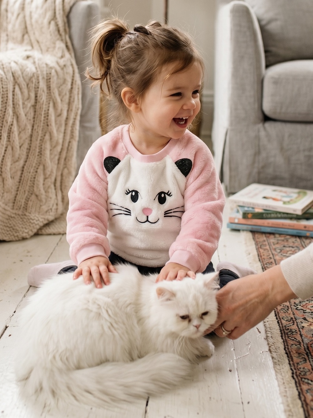 Penelope Mack Pink Plush Cat Applique Pullover
